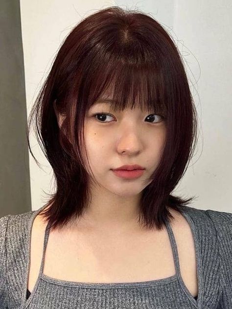 Short Mahogany Brown Hair, Mahogany Hair Color Short, Unstyled Layered Hair Short, Short Layered Haircut With Bangs, Short Hair Korean Style Layer, Side Bang Short Hair, Red Short Hair With Bangs, Short Haircut With Bangs And Layers, Short Brown Hair Color Ideas