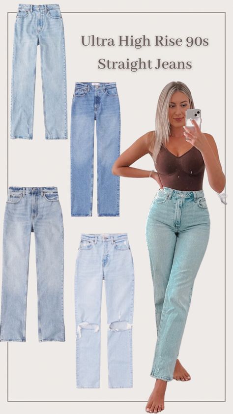 Slim Denim Jeans Outfit, Women's Straight Leg Jeans, Denim Bottoms Women, Womens High Rise Jeans, Ultra High Rise Jeans, Super High Rise Jeans, Og Straight Jeans Outfit, Abrocrombie And Fitch Jeans, 90 Straight Jeans Outfit