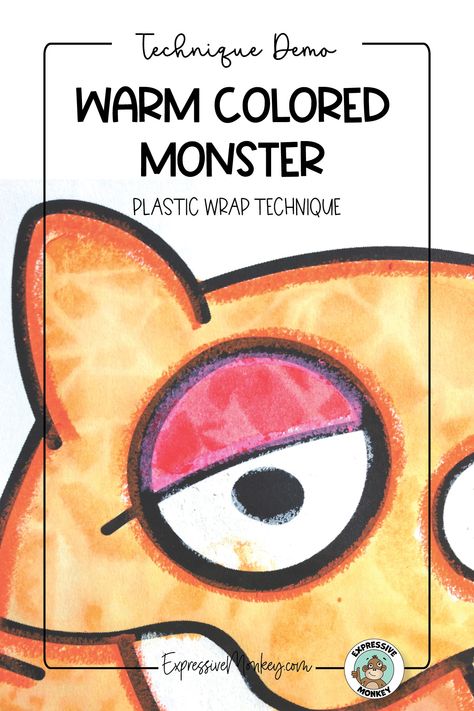 This monster art lesson uses warm colors, oil pastels, and watercolors to create unusual monsters. The secret ingredient is for this technique in art is plastic wrap! See step-by-step how to make these textures in watercolor that will fascinate your students. This is a fun art lesson for Halloween that is sure to keep students' attention. Color Monster Art Lesson, Halloween Elementary, Mess Free Painting, Step By Step Art, Chalk Stencils, Holiday Art Projects, Monsters Art, Monster Coloring Pages, Warm And Cool Colors