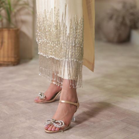 Uzma and Afsheen on Instagram: “| Else | Embrace sophistication with a silk shirt featuring a hand-embellished neckline and daman fringe. Complete the look with an…” Tassel Dress Outfit, Frill Dupatta, Eid Post, Latkan Designs, Embellished Dresses, Organza Styles, Alphabet Cake, Eid Dress, Simple Frock Design