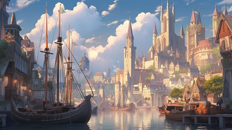 Fantasy City Wallpaper Desktop, Fantasy Empire City, Dnd Cities, Rpg Wallpaper, Water Kingdom, Fantasy Village, Fantasy Cities, Fantasy Town, Magic Design