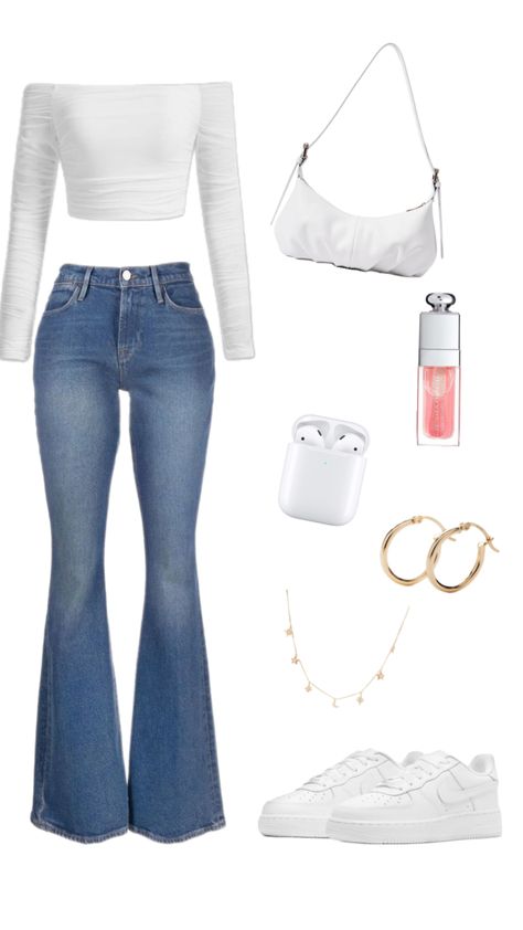 #outfitinspo #whitecasual Flare Jean Outfit, Flare Outfit, Flare Jeans Outfit, Latina Fashion Outfits, Tv Show Outfits, Casual Preppy Outfits, Outfit Inspo Casual, Cute Lazy Day Outfits, Everyday Fashion Outfits