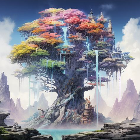 Fantasy World Design, Fantasy World Art, Fantasy Cities, Superhero Art Projects, Nature And Architecture, Eternal Light, Fantasy Architecture, Nature City, World Tree