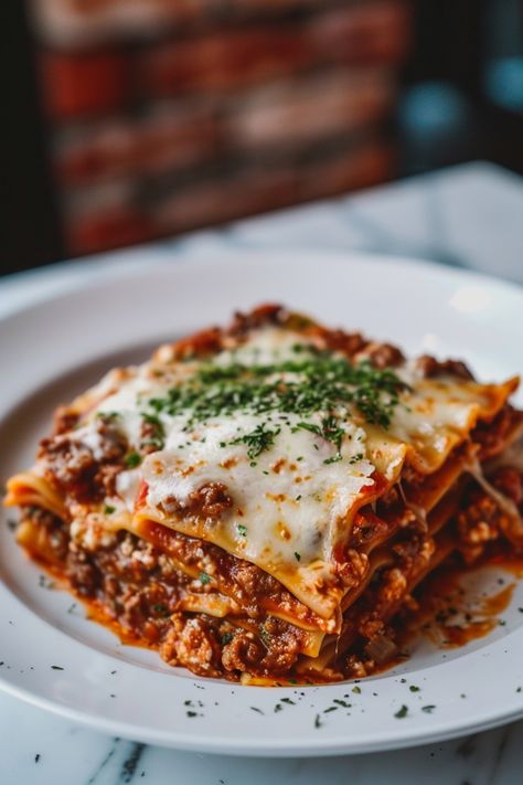 Indulge in a comforting homemade lasagna tonight with this delicious recipe! Layers of tender pasta, rich meat sauce, and creamy cheese make this classic dish an irresistible crowd-pleaser. Whether you're cooking for the family or hosting friends, lasagna is always a hit. Follow this simple recipe to create a mouthwatering lasagna that will have everyone asking for seconds. Enjoy the savory flavors and hearty goodness of lasagna - perfect for any occasion! Lasagna And Salad, Summer Lasagna Recipe, Lasagna Dinner Aesthetic, Pasta Creamy Recipes, Meaty Lasagna Recipe, Lasange Recipe Classic, Drinks To Make With Friends, Fancy Food Ideas, Dinner Recipes Friends