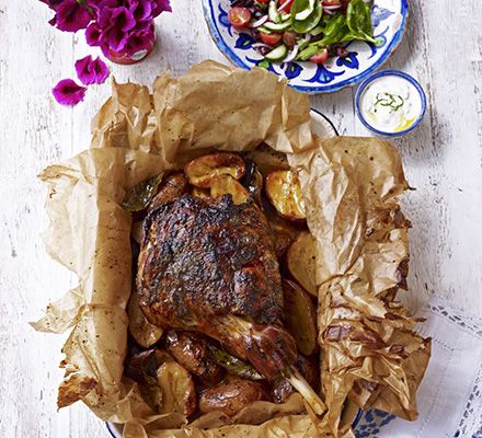 Lamb kleftiko. Seal a leg of lamb in a parcel then roast it long and slow with garlic, lemon and herbs, and potatoes to soak up the delicious juices Lamb Kleftiko, Leg Of Lamb, Lamb Dishes, Bbc Good Food, Greek Dishes, Bbc Good Food Recipes, Lamb Recipes, Salad Ingredients, Greek Recipes