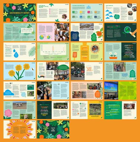 26 page layouts featuring brightly coloured design and illustrations that showcase Faith In Nature's work. Guidebook Design, Graphic Design Portfolio Book, Annual Report Layout, Booklet Layout, Sustainability Report, Editorial Design Layout, Annual Report Design, Report Design, Presentation Layout