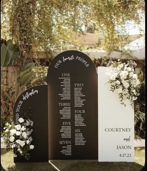 Seating Chart Wedding Our Favorite People, Black Arch Wedding Sign, Seating Chart Black And White, Wedding Seating Chart Display Diy, Wedding Signage Black And White, Arch Seating Chart Wedding, Wedding Welcome Sign And Seating Chart, Black And White Wedding Welcome Sign, Seating Chart Wedding Black