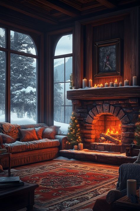 a cozy interior scene centered around a warm, lit fireplace. The room features dark wooden walls and a large window showing a snowy landscape outside, suggesting it’s winter. A plush sofa with pillows is placed near the fireplace, and there’s an ornate rug on the floor. The mantle of the fireplace is adorned with multiple lit candles, and there’s a small decorated Christmas tree to the right of the fireplace, adding to the festive atmosphere. A framed picture hangs above the fireplace, Cozy Fireplace Aesthetic, Cozy Winter Room, Fireplace Cozy, Winter Room, Winter Living Room, Cozy Hygge, Cozy Fireplace, Winter Vacation, Cozy Place