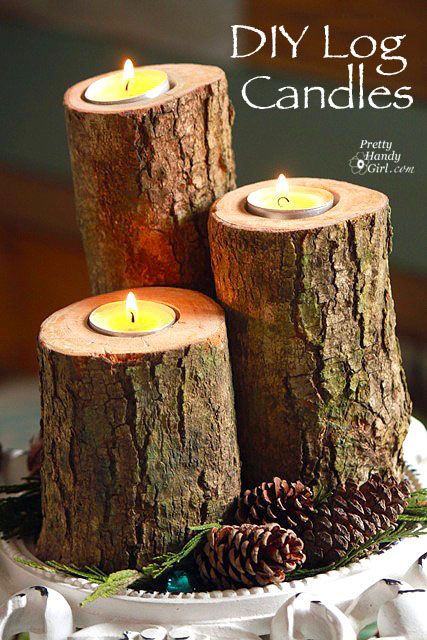 DIY log candles - use tree stumps to create tea light candle holders. Log Candle Holders Diy, Log Candle Holders, Rustic Style Decor, Thanksgiving Candles, Log Candles, Wood Logs, Wooden Candles, Noel Christmas, Diy Candles