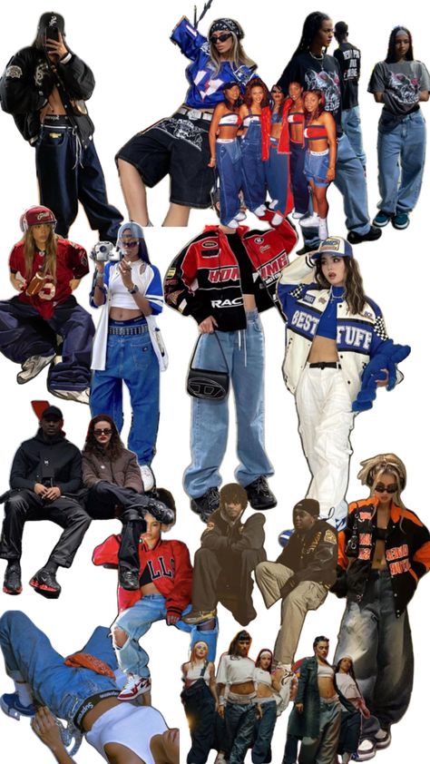 90's Hip Hop Style Women, Underground Club Outfit, Hiphop Costume Ideas, Mismatch Day Outfits, 90s Hip Hop Aesthetic Outfits, 2000s Hip Hop Fashion Women, 90s Streetwear Women, 2000s Streetwear Fashion, Y2k Dance Outfit