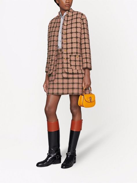 Pink/brown wool lamé check tweed mini skirt from GUCCI featuring lamé effect, check pattern, tweed, A-line, high waist, straight hem and above-knee length. Gucci Skirt, Tweed Mini Skirt, Check Pattern, Pink Brown, Above Knee, A Line Skirts, Mini Skirt, Knee Length, Prada