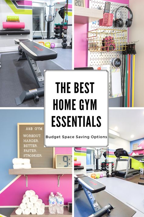 Home gym essentials At Home Gym Equipment For Women, Organized Home Gym, Home Gym Space Small, Diy Gym Decor, At Home Gym Must Haves, Organize Workout Equipment, Pretty Home Gym Ideas, Garage Gym Must Haves, Essential Home Gym Equipment