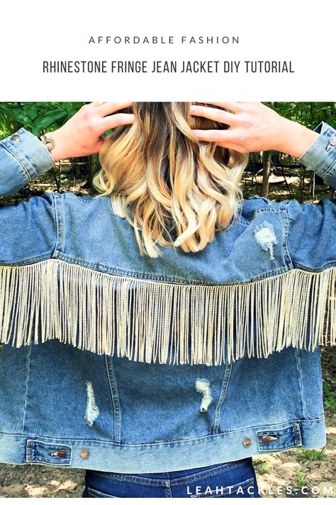 How To Sew Fringe On Jacket, Fringe Jean Jacket Diy, Adding Fringe To Jean Jacket, Add Fringe To Jean Jacket, Diy Fringe Denim Jacket, Diy Denim And Diamonds Outfit, Bedazzled Denim Jacket Diy, Diy Western Fringe Shirt, Diy Rhinestone Fringe Jean Jacket