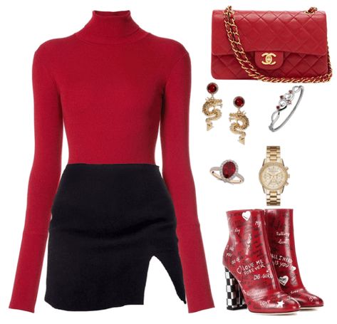 Valentine’s Day Outfit Inspiration, Red Winter Outfits Classy, Red Theme Outfit, Red Themed Outfits, Red And Black Outfits For Women, Red Baddie Outfits, Red Style Aesthetic, Valentines Outfits For Women Casual, Black And Red Outfit Classy