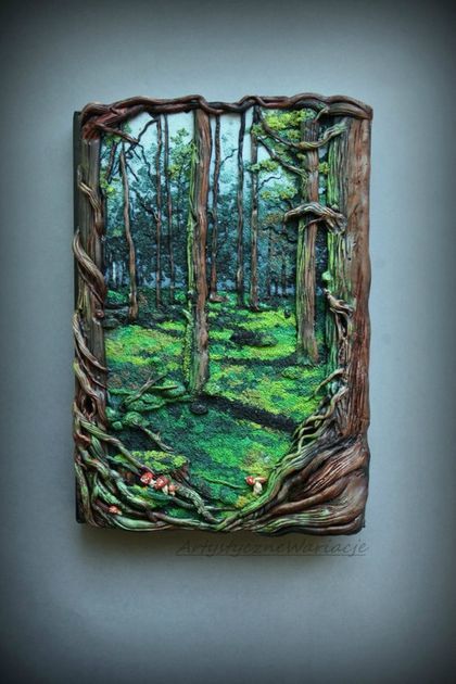 Polymer Clay Notebook Cover, Notebook Cover Ideas, Polymer Clay Books, Forest Book, Polymer Clay Painting, Art Journal Cover, Seni 3d, Cover Ideas, Lukisan Cat Air