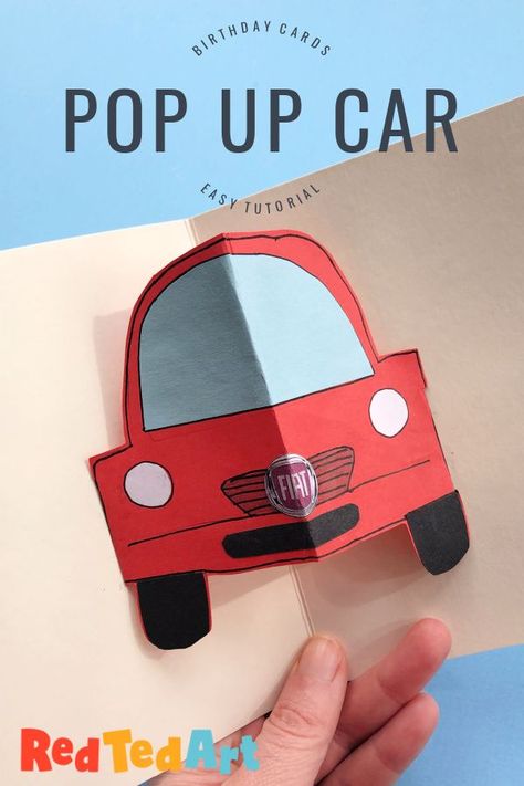 How to make a pop up car card for kids! And easy step by step tutorial that kids can make on their own! Easy Birthday Pop Up Card! Car Pop Up Card, Car Cards Handmade, Car Birthday Card, Car Cards, Libros Pop-up, Red Ted Art, Construction Paper Crafts, 3d Mask, Car Card