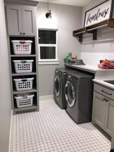 Big Modern Laundry Room, Big Laundry Room Ideas Basements, Mid Room Ideas, Laundry Room Ideas Gray Appliances, Laundry Room With Drying Rod, Loundroom Ideas Modern, Laundry Room Full Bathroom Combo, Tip Out Laundry Hamper, Narrow Long Laundry Room Ideas