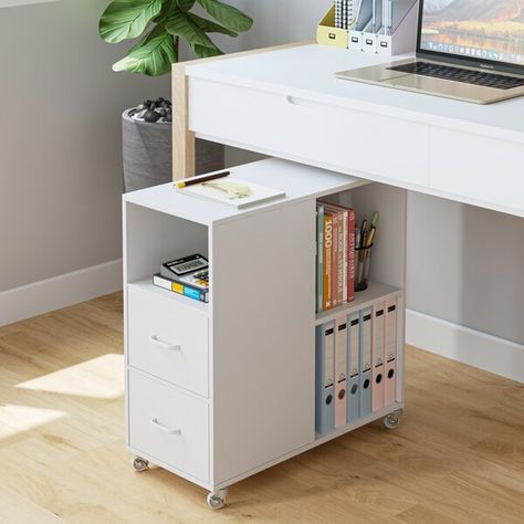 Millwood Pines Bolebroke 25.6'' Tall Wheel 2 - Drawer End Table & Reviews | Wayfair Small Bedroom With White Furniture, Bedroom Decor Organization, Cool Room Stuff, Studio Apartment Desk, Storage For Room, Under Desk Storage Ideas, Storage For Small Bedrooms, Cute Organizers, Kids Bedroom Storage Ideas