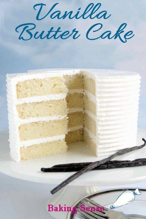 Mixing technique can make a big difference when making Vanilla Butter Cake. Find out the best way to get a light and tender cake. #recipe #easy #moist #from scratch #reverse creaming #how to #video #best #homemade #weddingcake Bakery Style Vanilla Cake Recipe, Bakery Style Vanilla Cake, How To Make Layered Cake, Best Vanilla Layer Cake Recipe, Vanilla Layered Cake, Vanilla Butter Cake Recipe, 4 Layer Cake, Vanilla Layer Cake Recipe, The Best Vanilla Cake