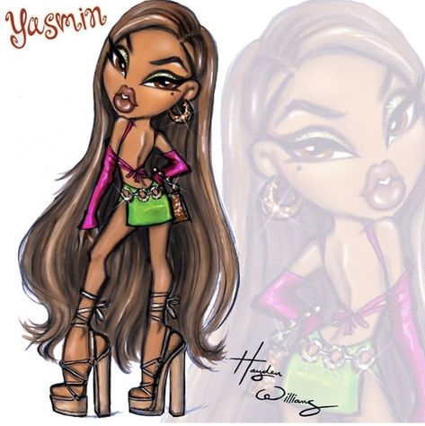 Yasmin Bratz Drawing, Bratz Doll Drawing, Bratz Yasmin Cartoon, Bratz Fashion Sketch, Bratz Doll Illustration, Bratz Yasmin Art, Bratz Yasmin, Bratz Doll Makeup, Black Bratz Doll