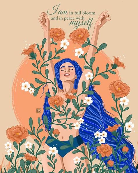 Vicky | Empowering Art & Illustration on Instagram: "To truly heal, is to be in peace with who you are, trying to be the best version of yourself, for yourself. I don’t know if I can post one illustration as entry for two challenges 🙈 so if I’m being wrong or rude please let me know 😅 but this prompt fits so perfectly for both #bloomandgrow2023 and #dearbodyweek I can’t help it. And I think I am slowly getting there with myself. To be truly in peace with who I am and how I am. Recently I read Healing With Love, Love My Body Illustration, Empower Illustration, Who I Am, Affirmation Illustration, Empowering Illustration, Healing Illustration, November Moon, Peace With Myself