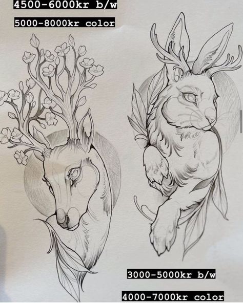 Neo Traditional Jackalope Tattoo, Bunny With Antlers Tattoo, Gothic Rabbit Tattoo, Deer Woman Tattoo, Mythical Animal Tattoo, Creepy Rabbit Tattoo, Deer Skeleton Tattoo, Jackalope Sketch, Hybrid Animals Drawing