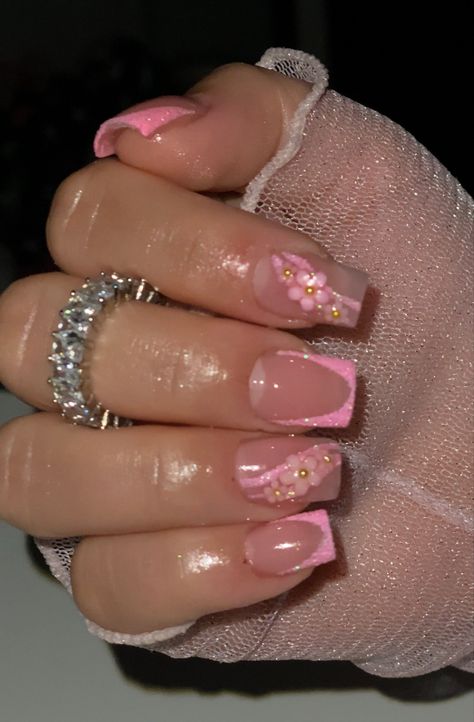 Spring nails Birthday Nail Inspo Acrylic Short, Short B Day Nails, Pink Nail Designs Square Short, Small Acrylic Nails Square, Spring Birthday Nails Short, Really Short Pink Nails, Pink Sweet 16 Nails Short, Sweet Sixteen Nails Pink, Short Boujee Acrylic Nails