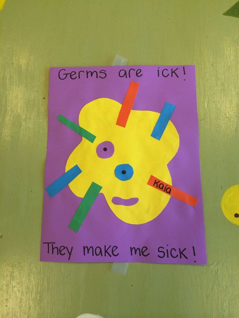 We made our own germs! The kids loved getting to be creative and make their germ however they wanted :) Health And Body Preschool Crafts, Germs Unit Preschool, Gross Motor Germ Activity, Healthy And Safety Preschool, Being Healthy Crafts Preschool, Taking Care Of Myself Preschool Theme, Germs Crafts For Preschool, Safety Week Preschool Crafts, Staying Safe Preschool Crafts