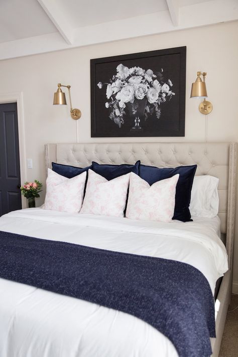 Love the sconces above the tufted headboard!    #bedroomdecor #masterbedroom #homedecor Sconces Above Bed, Above Headboard Decor, Bedroom Makeover Before And After, Headboard Decor, Wall Sconces Bedroom, Sconces Bedroom, Above Bed, Tufted Headboard, Trendy Bedroom