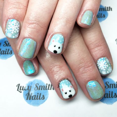 Polar Bear Nails Christmas, Polar Bear Nail Art, Polar Bear Nails, Winter Bear Nails, Winter Nails Polar Bear, Snow Bunny Nail Polish, Winter Animal Nail Art, Blue Christmas Nails, Bears Nails