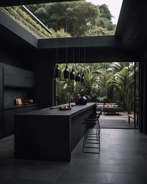 Can you see yourself embracing the green life in this luxurious retreat? Design: @black_design_journal & @bali_interior_ideas Creative: @naira_interior_official Follow @breckandfox for more! Black Modern House, Tropical Backdrop, Black Cabinetry, Window Photo, Berlin Apartment, Dark Modern, Black Interior Design, Minimalist Kitchen Design, Design Journal