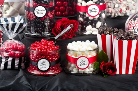 Red,Black & White Candy Buffet • Oh! Nuts® Red White Black Party Decorations, Red White And Black Party Ideas, Red Carpet Candy Bar, Red And Black Candy Bar, Red Candy Bar Ideas, Red Black And White Birthday Party Decor, Casino Candy Bar, Red Black And White Party Ideas, Black And Red Candy Table