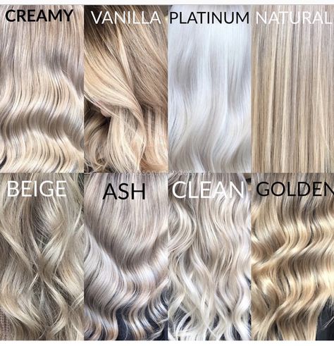 Blonde color terminology Creamy Hair Color Blondes, Blonde Hair And Highlights Light, Blonde Balayage For Cool Skin Tone, Types Of Platinum Blonde, Cool Toned Platinum Blonde Hair, Blonde Shades For Cool Skin Tones, Blonde Hair For Winter Skin Tone, Winter Blonde Hair Ideas, Cool Winter Blonde Hair