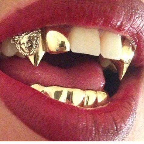 #versace #mmixart Gold Tooth Cap, Gold Slugs, Gold Fangs, Girl Grillz, Fang Grillz, Grillz Teeth, Diamond Grillz, Gold Grill, Gold Grillz