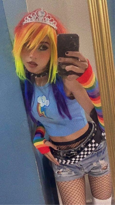 Neon Emo Outfits, Rainbow Bright Cosplay, Rainbow Emo Hair, Scene Clothes Aesthetic, Scene Rainbow Hair, Scene Kid Shirt, Rainbow Dash Outfit Ideas, Short Hair With Two Long Strands, Bright Fashion Aesthetic