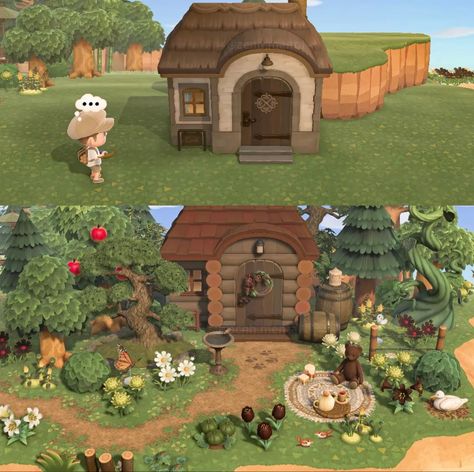 Acnh Yard Ideas, Cottagecore Animal Crossing, Acnh Cottagecore, Animal Crossing 3ds, Forest Core, Ac New Leaf, Little Forest, Animal Crossing Guide, Forest Cabin