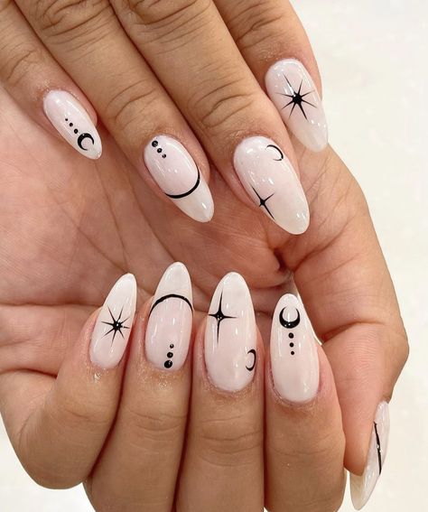 Paznokcie Hello Kitty, Witch Nails, Boho Nails, Witchy Nails, Hippie Nails, Moon Nails, Blue Nail, Black Nail, Nagel Inspo