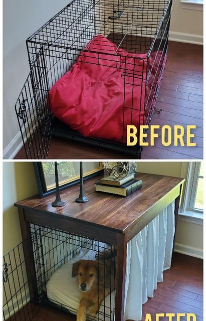 Mary Johanson | DIY Tutorials + Home Maintenance & Inspiration on Instagram Dog Crate Cover Diy, Dog Crate Topper Diy, Diy Dog Crate Cover, Kennel Diy, Dog Crate Table, Dog Room Decor, Dog Bedroom, Diy Dog Crate, Dog Crate Cover