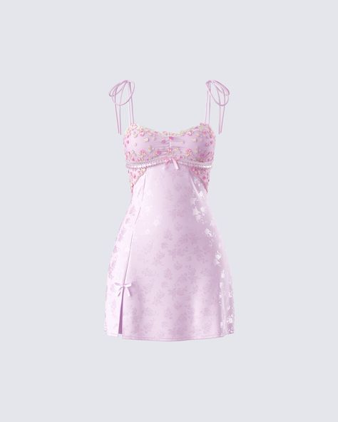 Very demure… very cutesy 🎀 Made from jacquard fabric and embroidered mesh, this pink mini slip dress is complete with a satin ribbon and lace trim for a look that will bring out your sweet side in all the best ways possible 😌