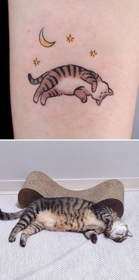 Silly Cat Tattoo Ideas, Small Tabby Cat Tattoo, Two Cats Tattoo Designs, Cat Tattoo Colorful, Cool Cat Tattoo Ideas, Brown Cat Tattoo, Creative Cat Tattoo, Tiger Cat Tattoo, Fun Cat Tattoo