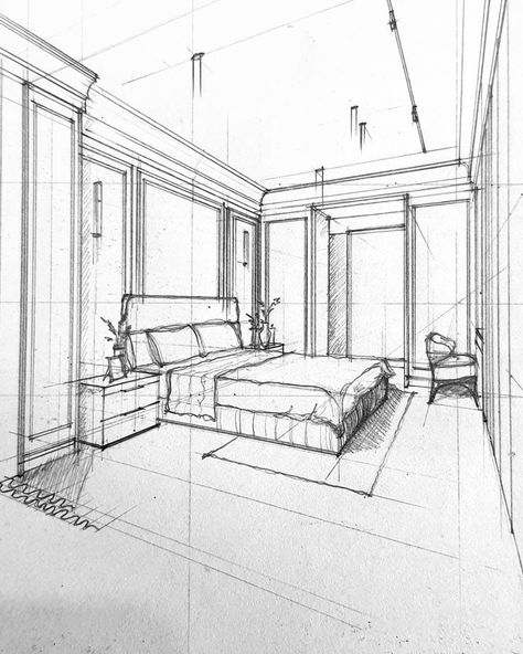 Interior Prespective Drawings, Sketches Of Interior Spaces, Interior Space Sketch, Interior Spaces Drawing, Interior Space Drawing, Space Sketches, Room Perspective Drawing, Croquis Architecture, Interior Perspective