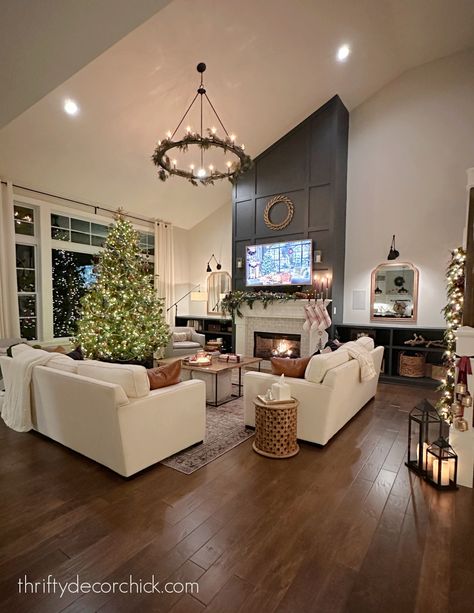 Our Festive Christmas Living Room {2022 Holiday Home Tours!} | Thrifty Decor Chick | Thrifty DIY, Decor and Organizing Christmas Tree Room Layout, Christmas Tree Set Up In Living Room, Two Christmas Trees In Living Room, Living Room 2022, Christmas Tree Living Room, Room Decorated For Christmas, Large Living Room Layout, Small Living Room Layout, White Sectional