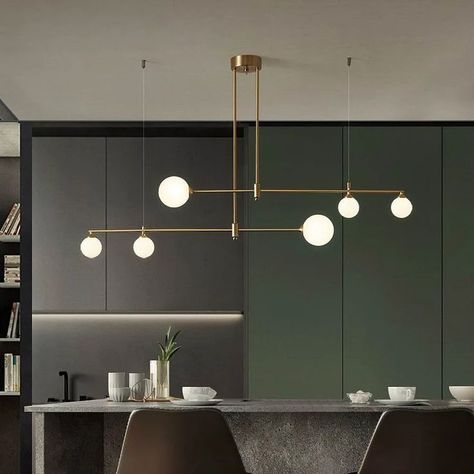 Minimalist Gold and Glass Island Chandelier Gold Pendant Lighting, Pendant Light Styles, Copper Pendant Lights, Copper Lamps, White Chandelier, Modern Ceiling, Island Lighting, Led Chandelier, Dining Room Lighting