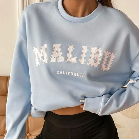 Long Sleeve Pullover Sweatshirt Color Baby Blue With Lettering That Says Malibu California Size Large Cute And Comfy Pullover Sweatshirt New In Original Packaging! Clothes Sweatshirts & Hoodies, Blue Sweatshirt Outfit Aesthetic, Cute Sweatshirt Outfit, Trendy Sweatshirts Hoodie, Cute Sweatshirt Designs, Trending Sweatshirts, Blue Sweatshirt Outfit, Malibu Sweatshirt, Cute Outfits Comfy