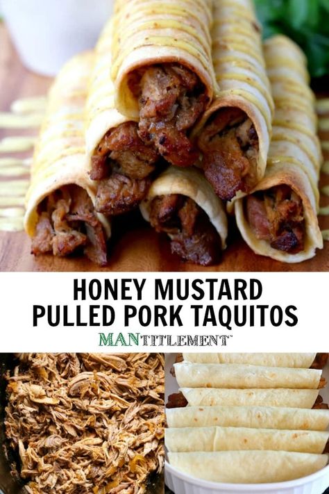 Mustard Pulled Pork, Pulled Pork Taquitos, Pulled Pork Appetizer, Pork Taquitos, Honey Mustard Sauce Recipe, Bbq Pulled Pork Recipe, Honey Mustard Recipes, Slow Cooker Pork Roast, Slow Cooked Pulled Pork