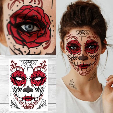 PRICES MAY VARY. Package include: 1 sheet of Supperb temporary tattoo (ST-L-50). Sheet Size: 8 x 6 inches wide and tall (20cm x 15cm). Quality temporary tattoo. Safe & non-toxic, printed with vegetable-based ink. Long lasting and waterproof. They will not wash off and will last for 2-3 days. (If you don't rub temp tattoos against clothes, it will last even longer). Great for parties, club nights, Halloween, gatherings, daily wear, going shopping, wear at beach or swimming pool, concerts, cosplay Temporary Face Tattoo, Sugar Skull Face Paint, Temporary Face Tattoos, Halloween Sugar Skull, Skull Face Paint, Sugar Skull Costume, Sugar Skull Face, Dead Makeup, Sugar Skull Halloween