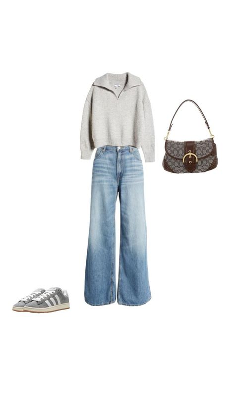 blue jeans with Grey campus and Grey sweat Gray Flare Jeans Outfit, Grey Campus Outfit, Grey Campus, Flare Jeans Outfit, Campus Outfit, Outfit For School, Grey Sweats, Rachel Green, Grey Outfit