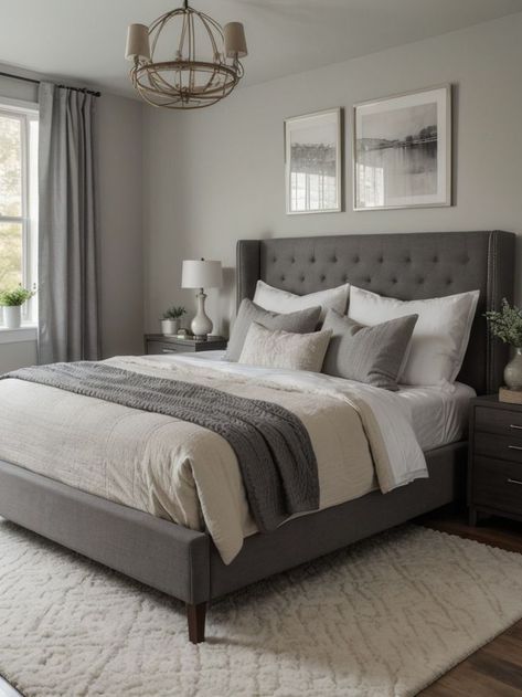 Unleash Your Creativity with Gray Bedroom Decor Create an inviting and cozy atmosphere with the addition of a plush area rug, adding texture and warmth to your bedroom decor. #GrayIdeas #GrayDesign White And Grey Master Bedrooms Decor, Gray And White Guest Bedroom, Grey Bed Design Ideas, Grey Bedroom Sets Furniture, Room With Grey Bed Frame, Grey Bedroom Set Ideas, Bedroom Idea Grey Bed, Grey Wall Master Bedrooms Decor, Beds With Grey Headboard