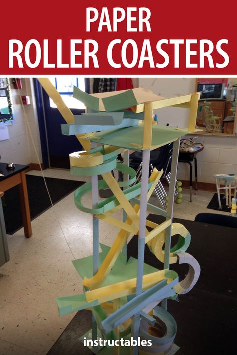 Having students build paper roller coasters is a great way for them to demonstrate the ability to plan, evaluate, analyze how to best manipulate the forces of friction and gravity, and explain the difference between potential energy and kinetic energy. #Instructables #education #teacher #science #engineering #papercraft #kids #toy Marble Drop Project, Paper Roller Coaster, Coaster Diy, Marble Race, Coaster Projects, Rube Goldberg, Stem Ideas, Time Wasters, Diy Marble