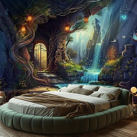 Dream Tree House, Forest Room Decor, Forest Room, Fantasy Dream, Dream Bedroom Inspiration, Wall Panels Bedroom, Large Tapestry, Fantasy Rooms, Wall Panel Design